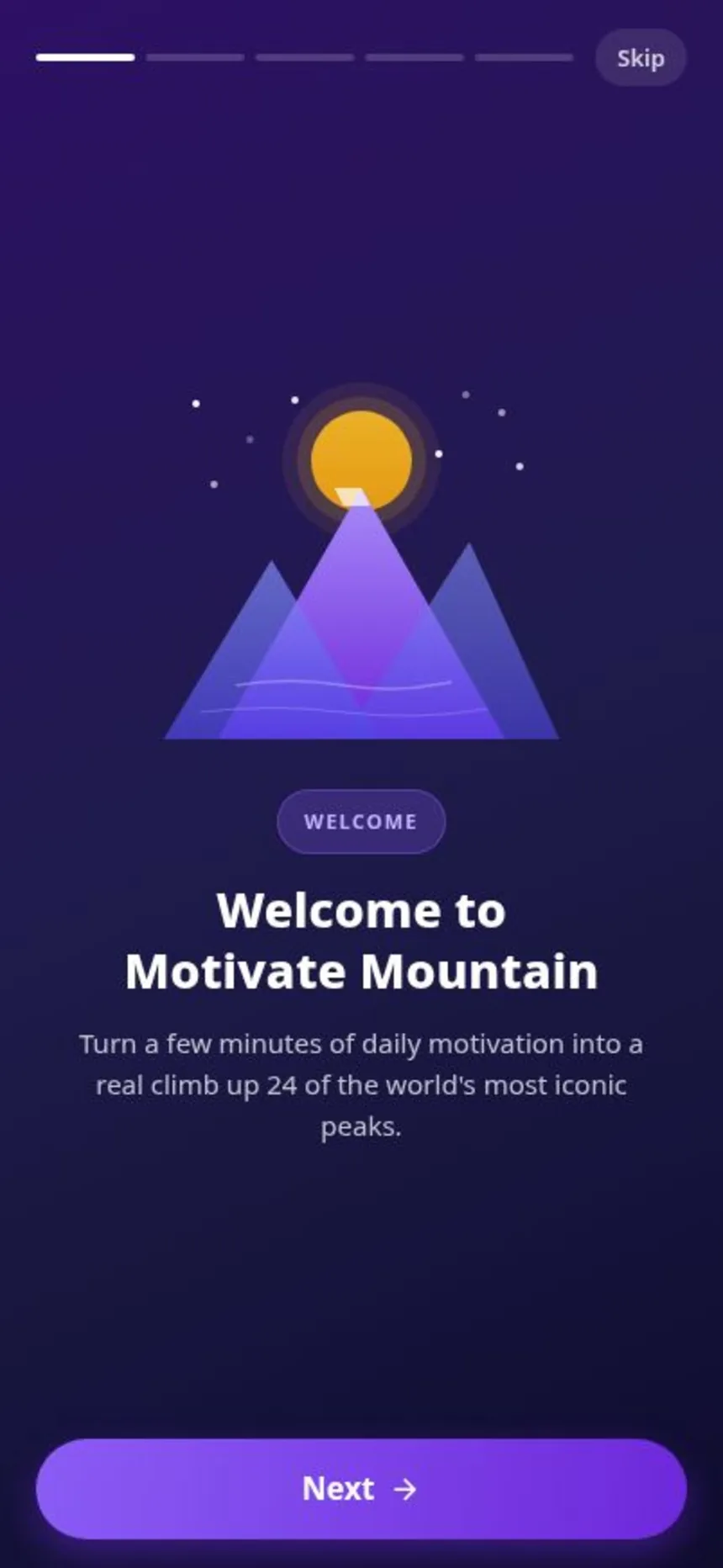 Motivate Mountain welcome screen with geometric mountain peaks and a Next button