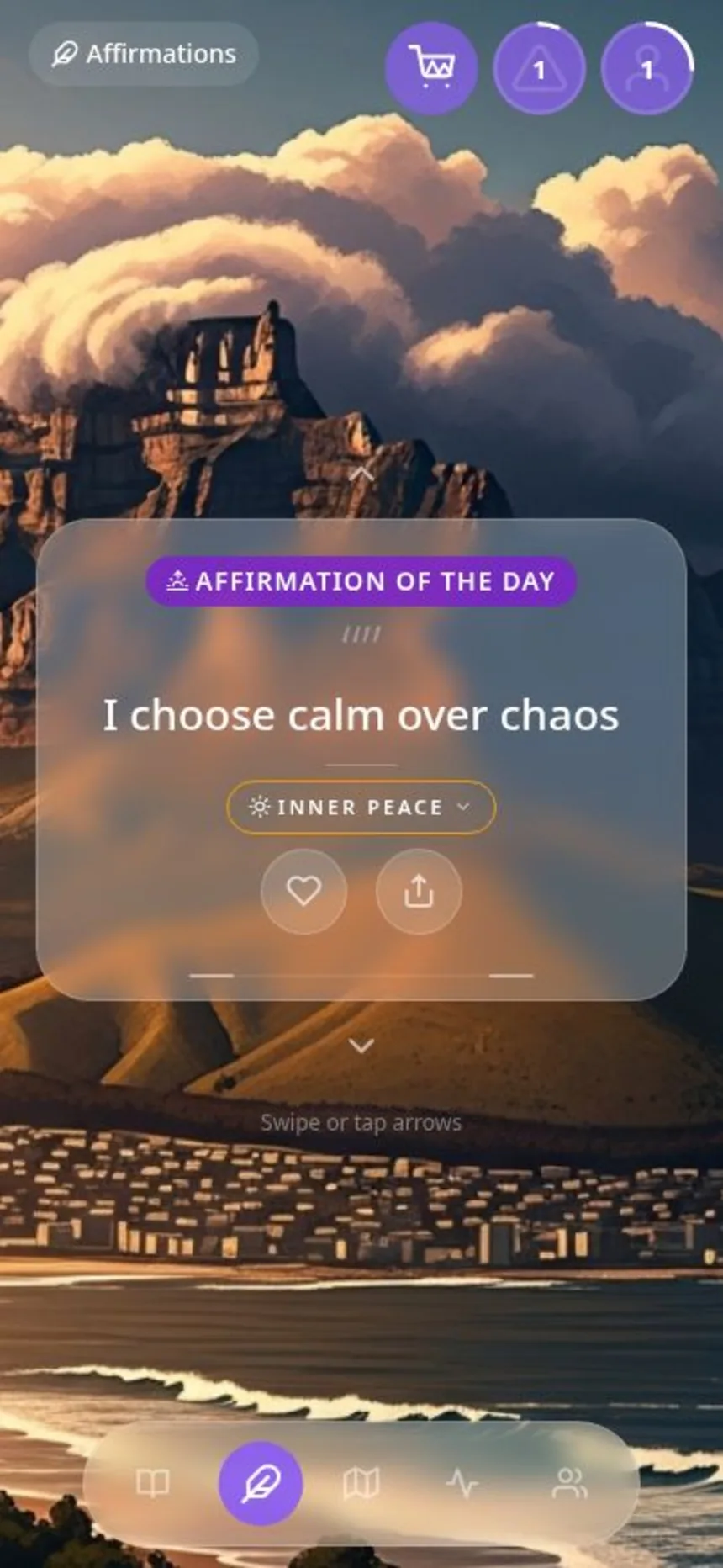 Affirmation of the day card reading I choose calm over chaos over a mountain coastline