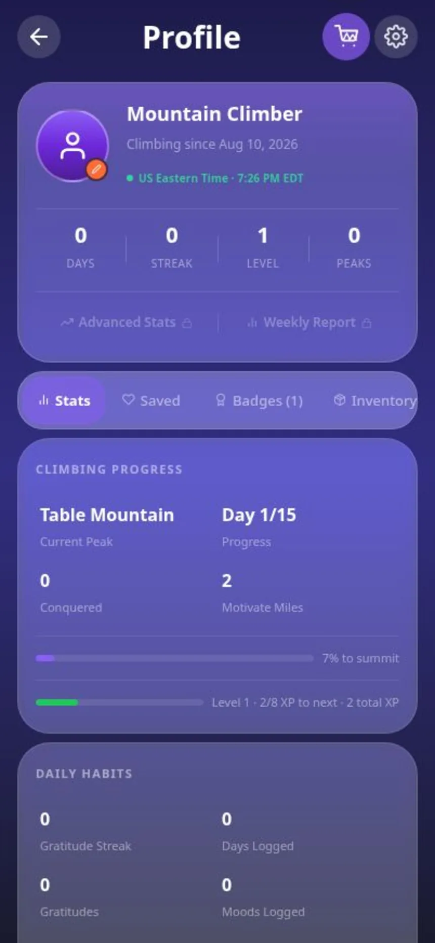 Profile screen showing climbing days, streak, level, peaks, and daily habit stats